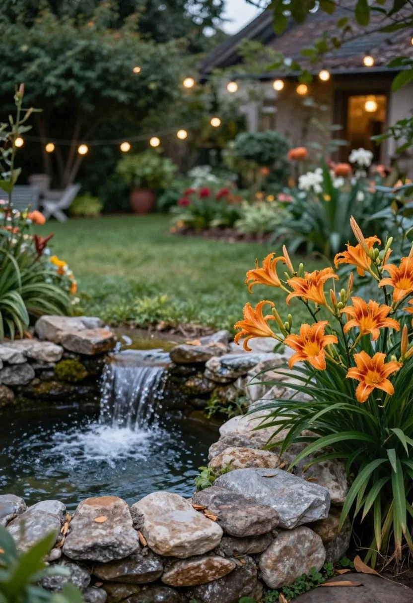 Cobblestone waterfall and persimmon daylilies beside a cottage garden pond at dusk