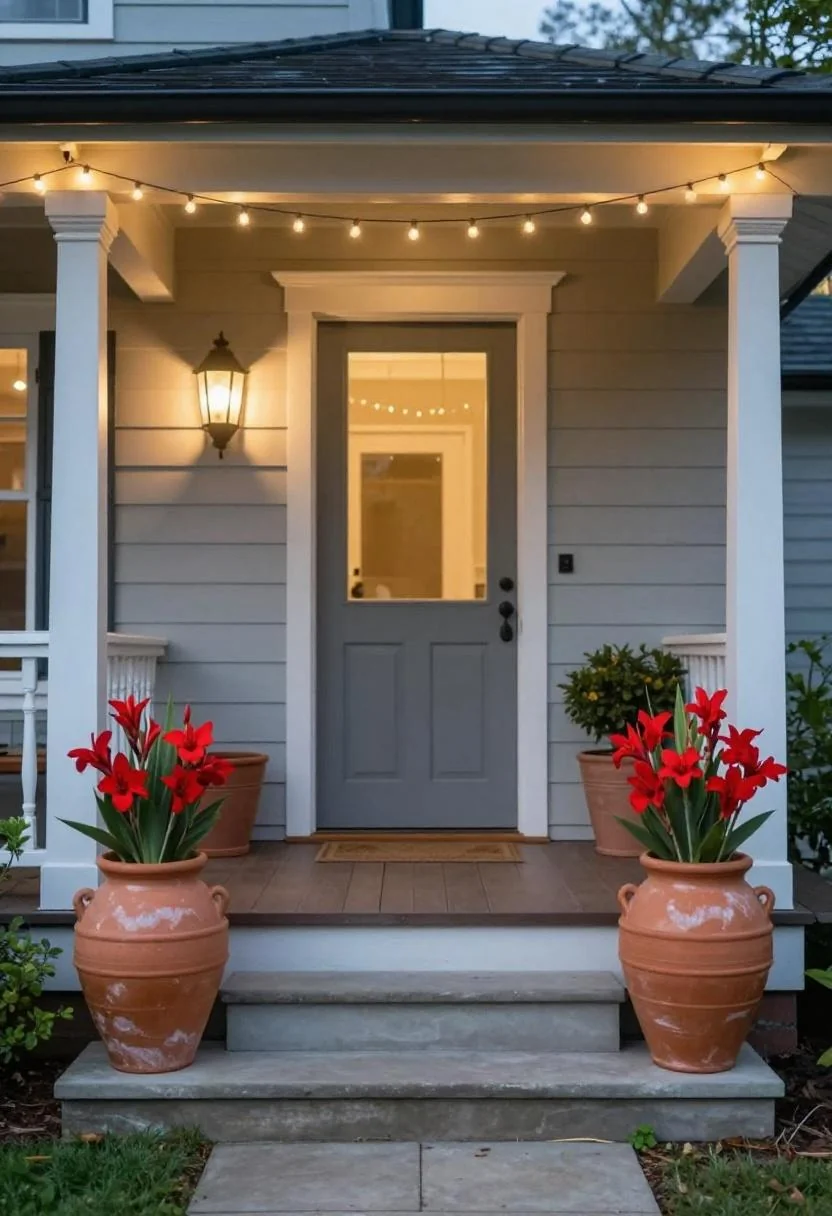 Glazed clay pots of red canna lilies flanking cottage porch steps under warm string lights at dusk