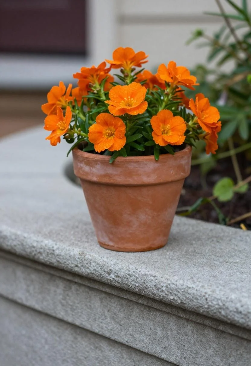 Handmade terracotta pot of dewy orange portulaca at the edge of garden path steps at dawn