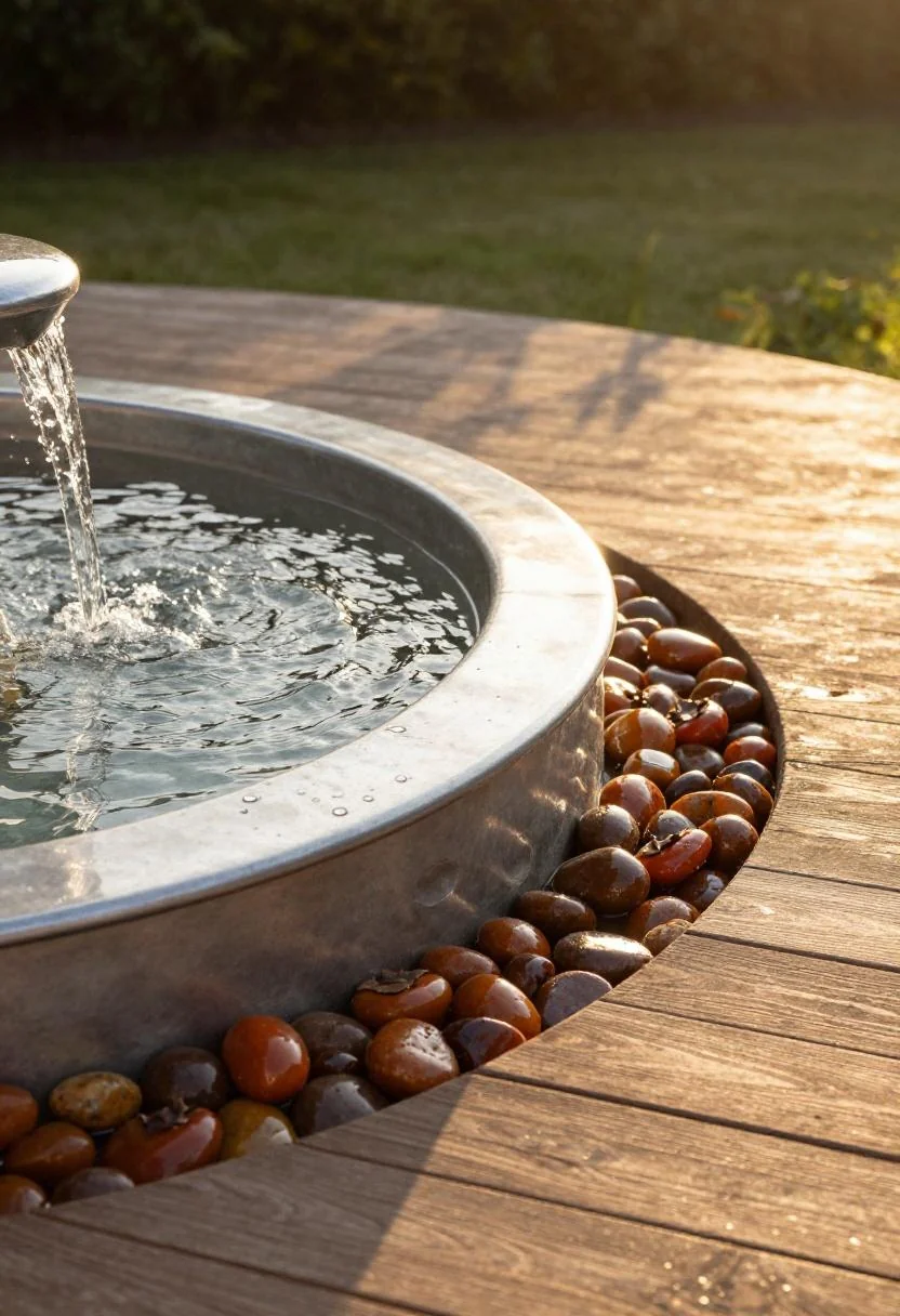 Galvanized steel trough fountain with persimmon-colored stones on a sunny deck edge