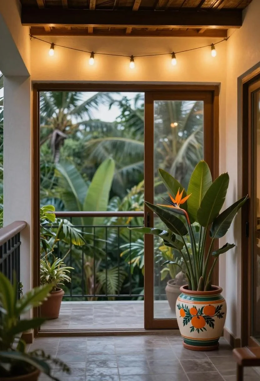 Persimmon ceramic pot with bird-of-paradise beside a balcony glass door at dusk with string lights