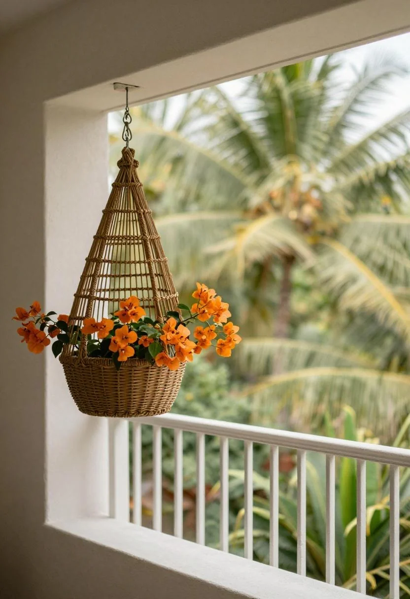 Rattan hanging planter bursting with persimmon bougainvillea on a tropical balcony at golden hour