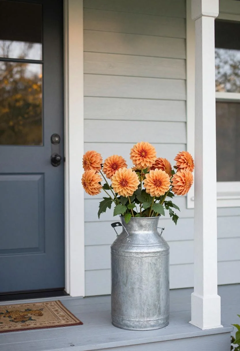 Galvanized milk can filled with persimmon dahlias beside a farmhouse porch step at golden hour