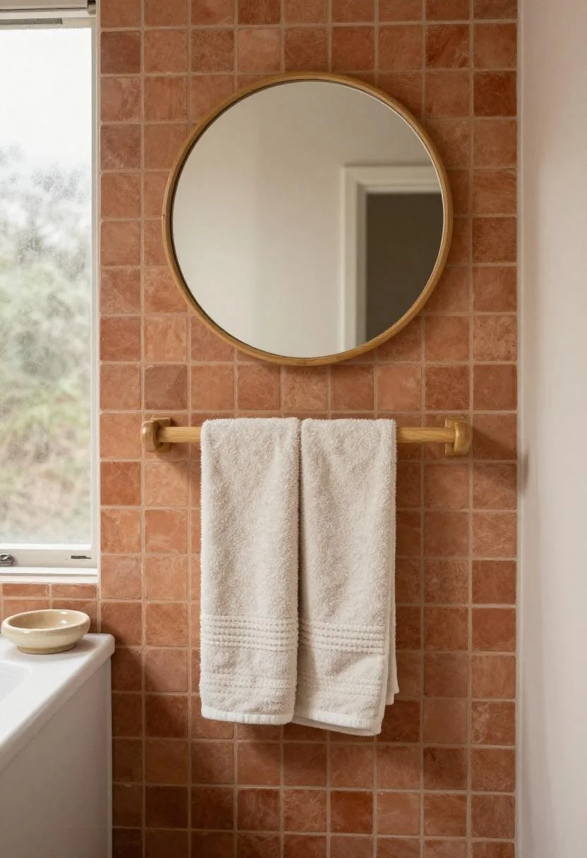 Terracotta zellige tile camper bathroom with bamboo mirror and oak shelf