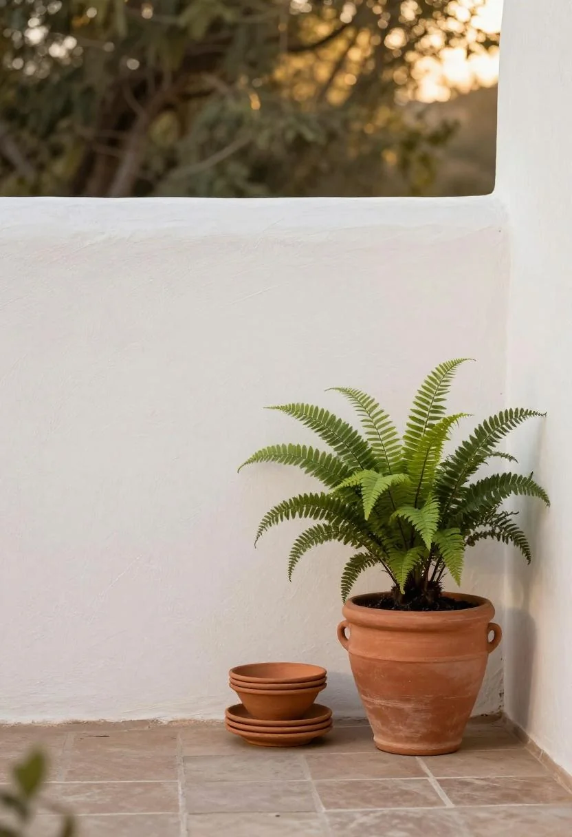 Cream white cylindrical planter with Kimberly Queen fern beside a frosted glass door on a clean modern concrete porch