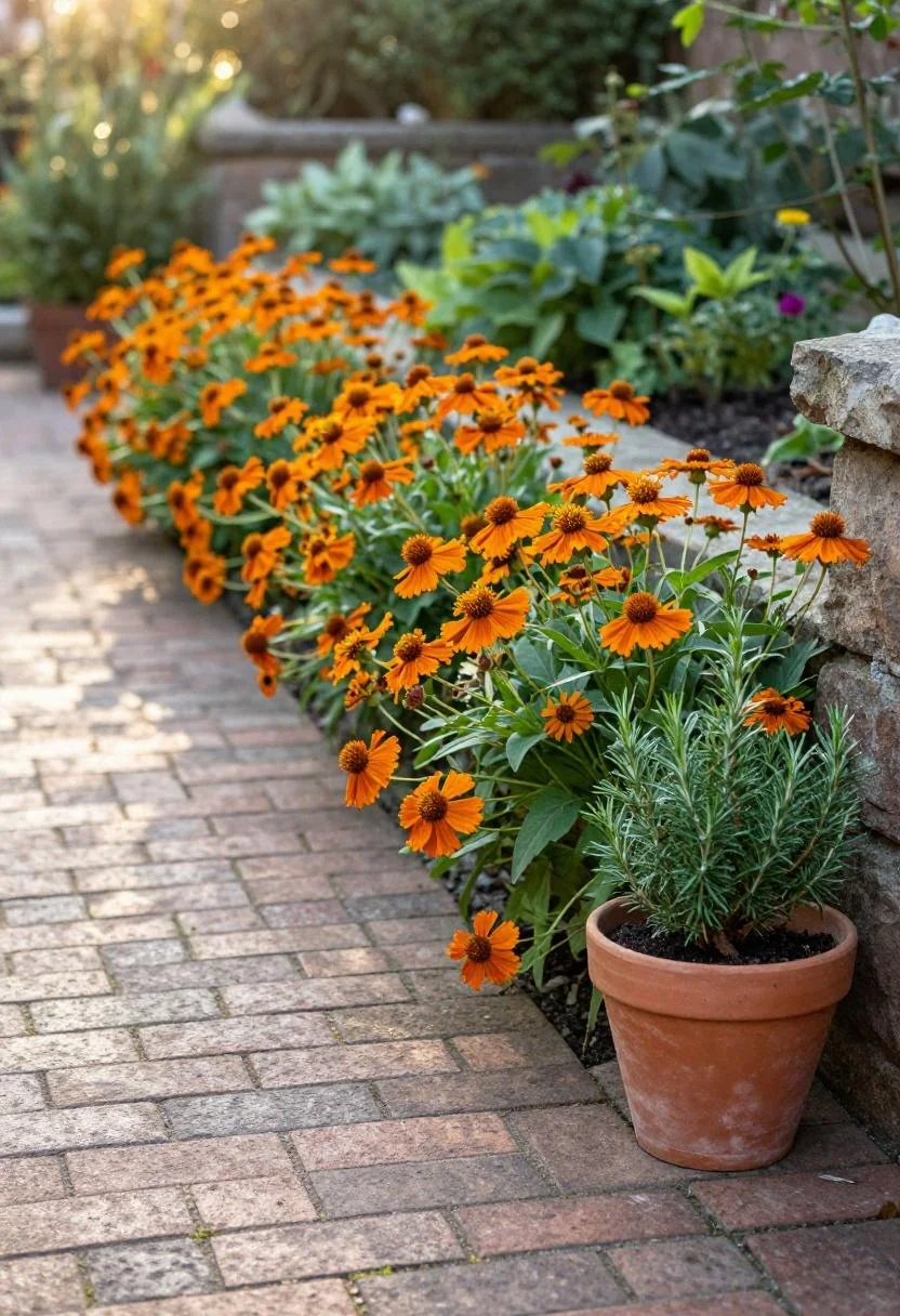 Burnt-orange helenium and a terracotta rosemary pot flanking a brick front garden path