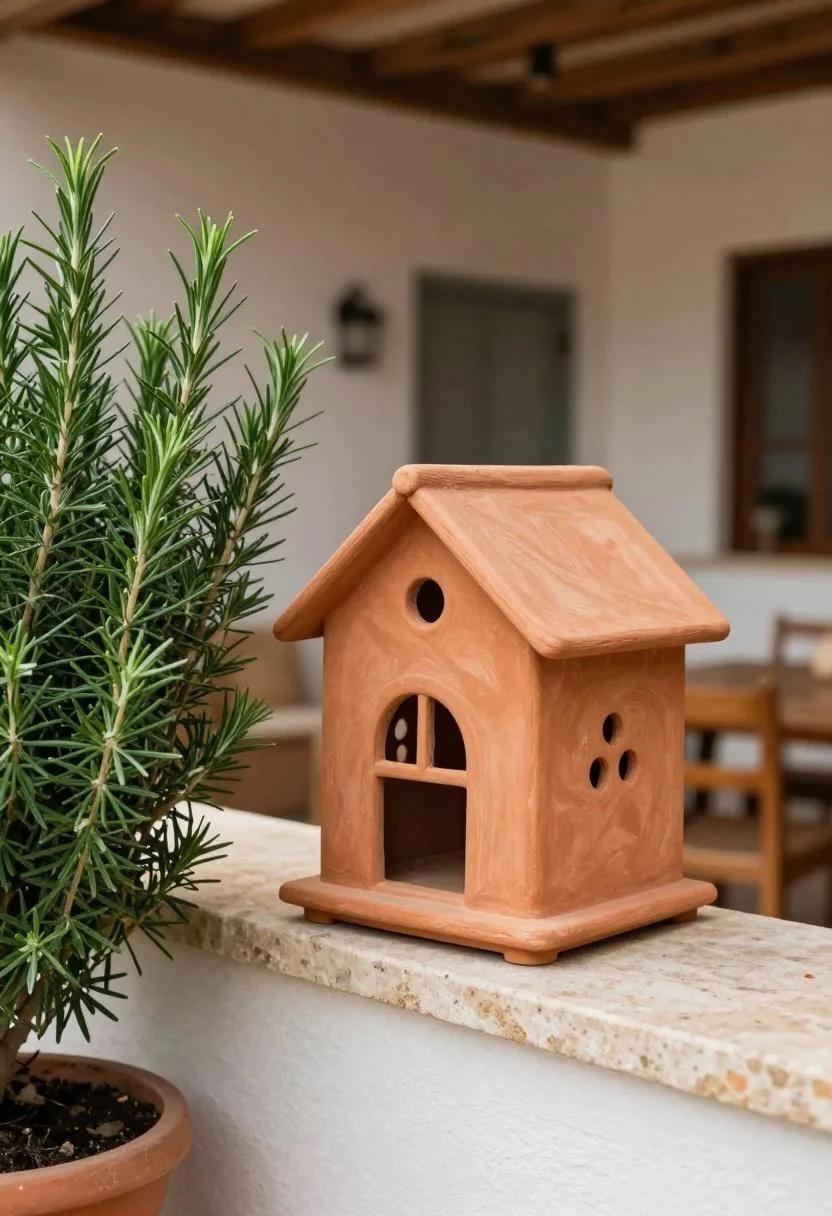 Terracotta clay fairy house on limestone ledge beside rosemary in Mediterranean morning light