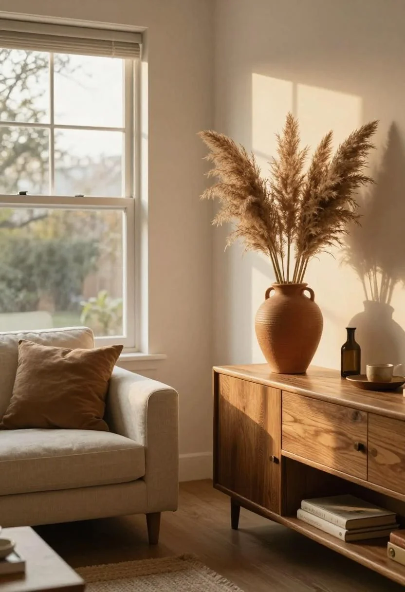 Terracotta vase with pampas grass on a teak credenza in a mid-century living room at golden hour