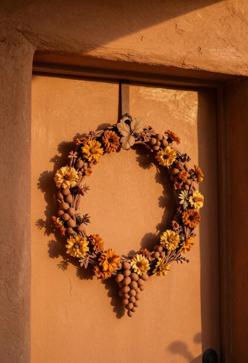 Terracotta marigold grapevine wreath on a whitewashed adobe door in golden hour light
