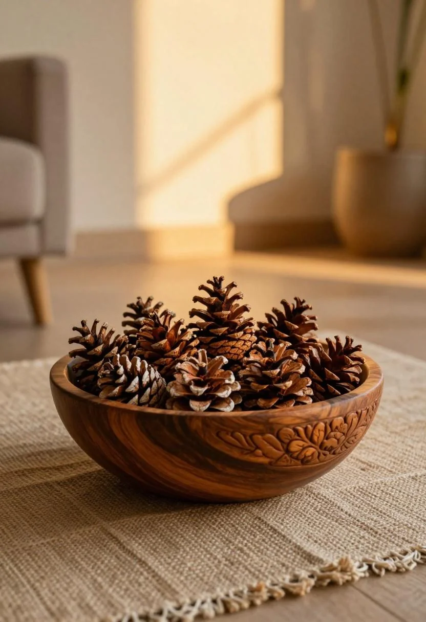 Warm Terracotta pinecones in a carved acacia bowl on a mudcloth runner for Afrohemian holiday decor