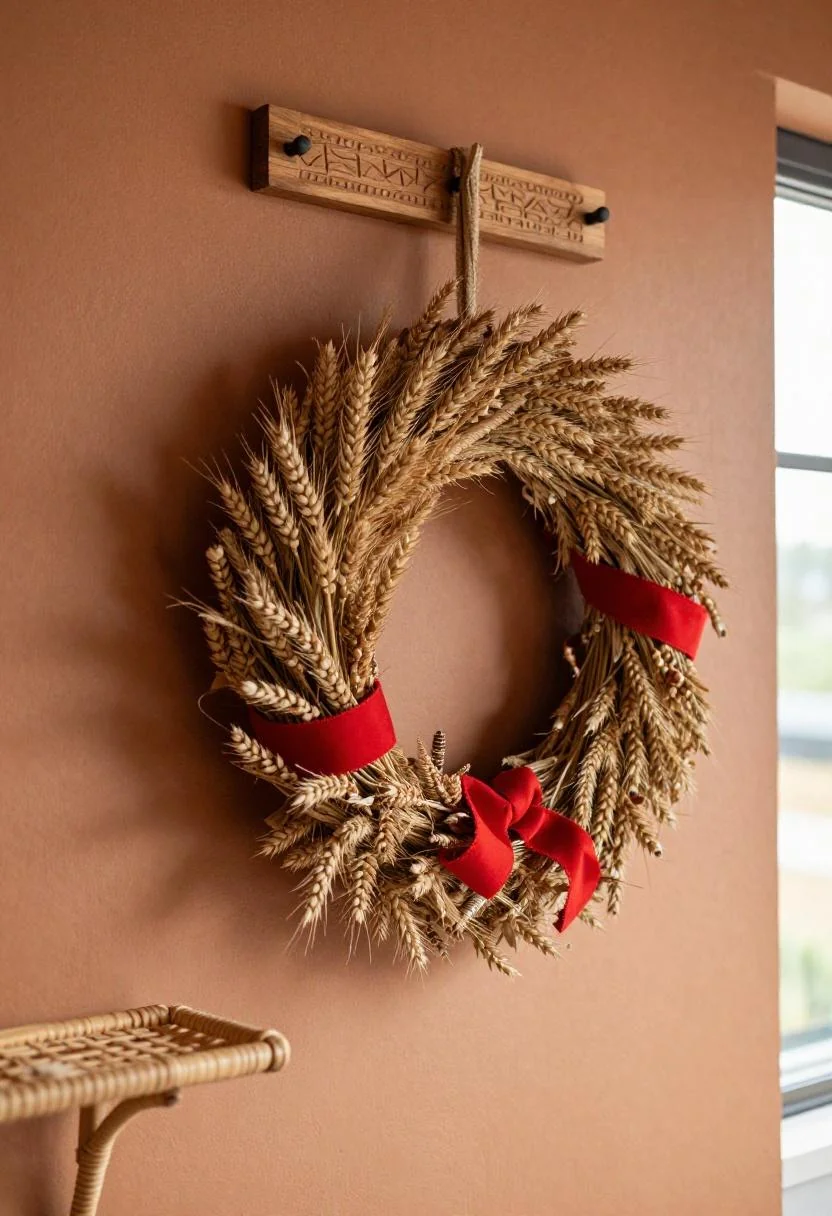 Afrohemian-style patriotic wreath with dried wheat stems on a rattan shelf against warm terracotta plaster walls