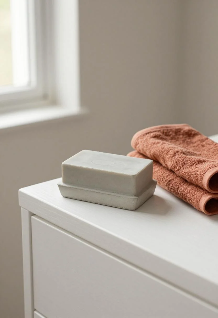 Concrete soap dish accented with a warm terracotta linen towel on a bathroom vanity