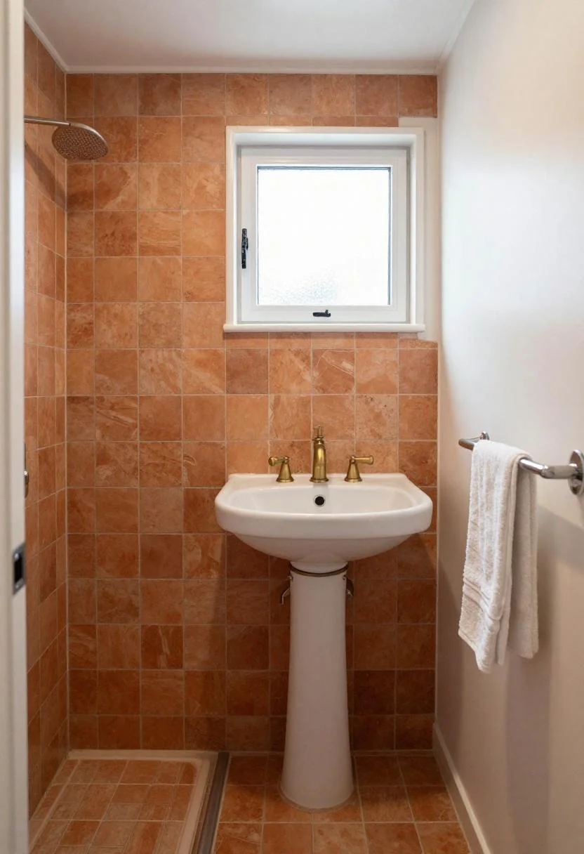 Compact camper bathroom with warm terracotta zellige tiles and brass fixtures