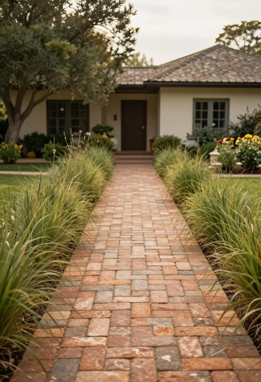 Warm terracotta brick garden path with ornamental grasses lining the sides of a ranch home