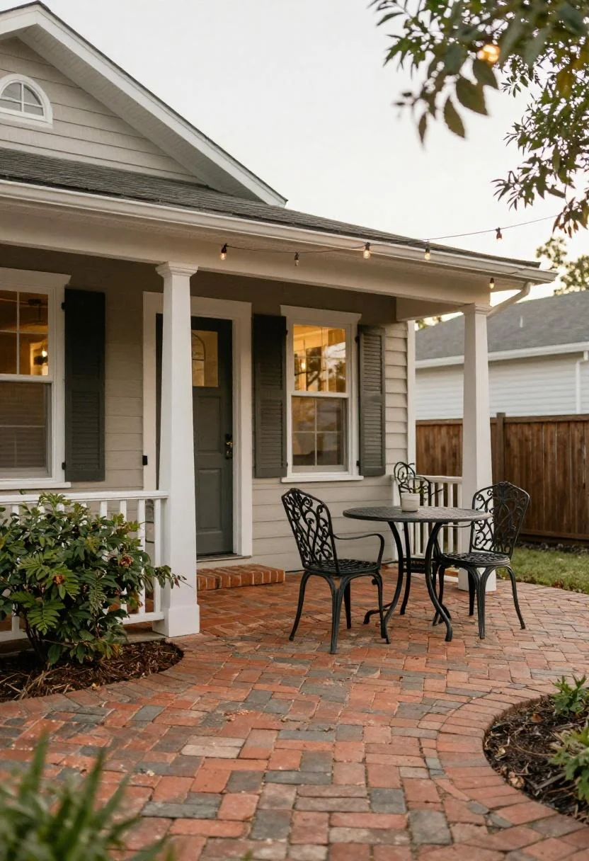 Warm terracotta brick paver side porch with wrought iron bistro set at dusk