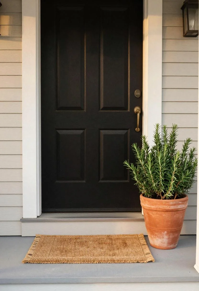 Warm terracotta rosemary urn and sisal doormat at a duplex front porch in evening light