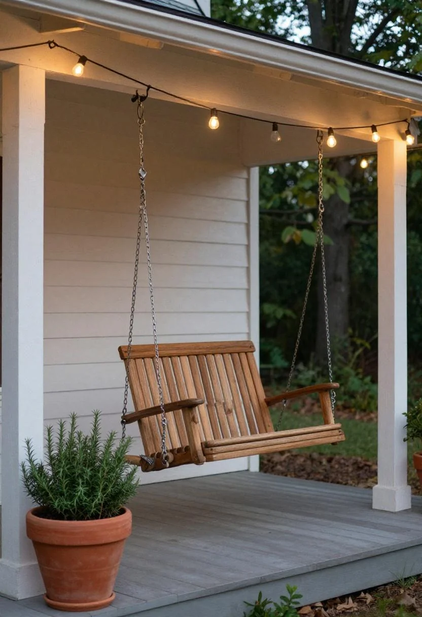 Terracotta rosemary planter and pine porch swing on a farmhouse side porch at dusk in warm terracotta light