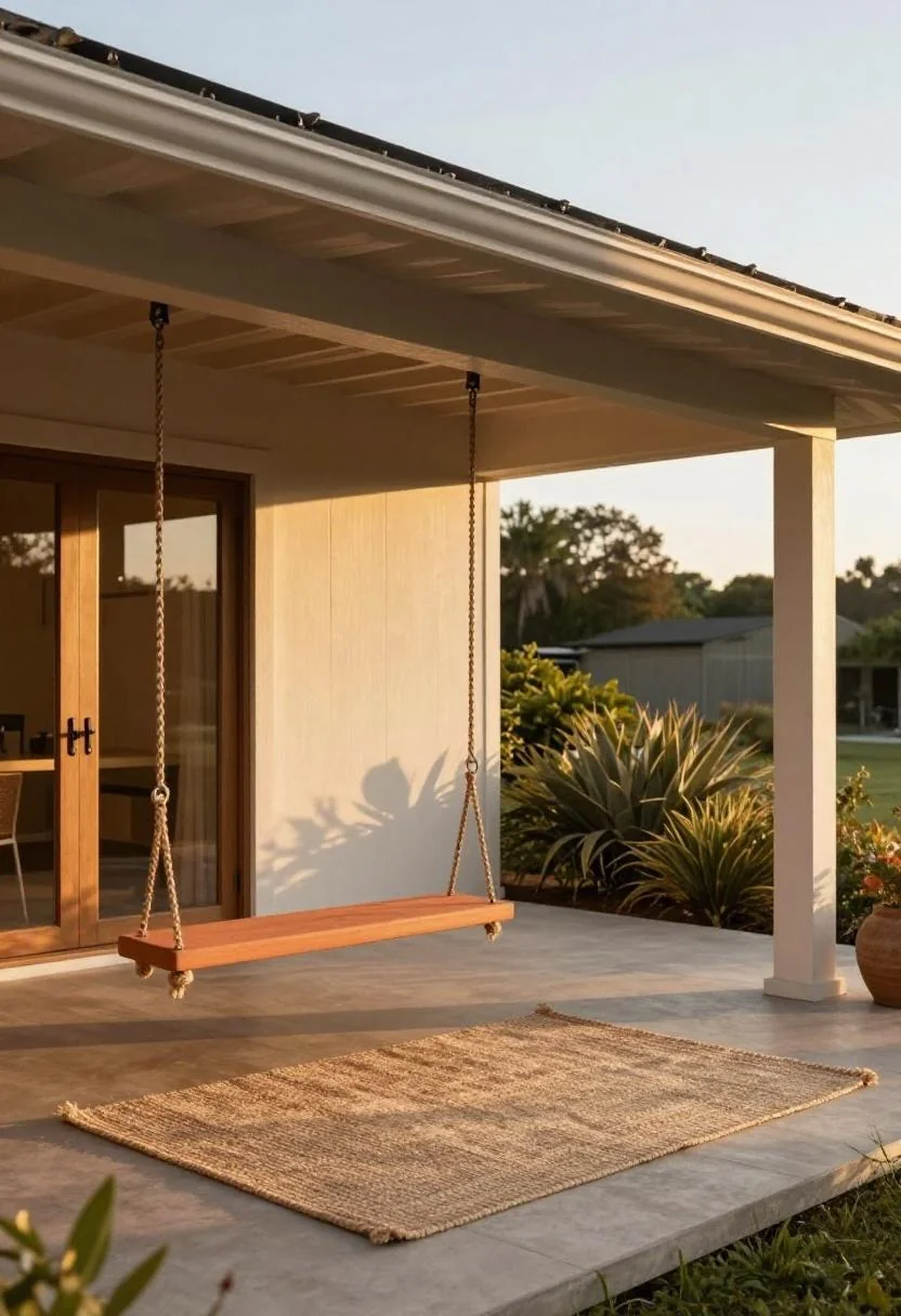 Terracotta-painted porch swing with a jute rug on a barndominium deck at golden hour