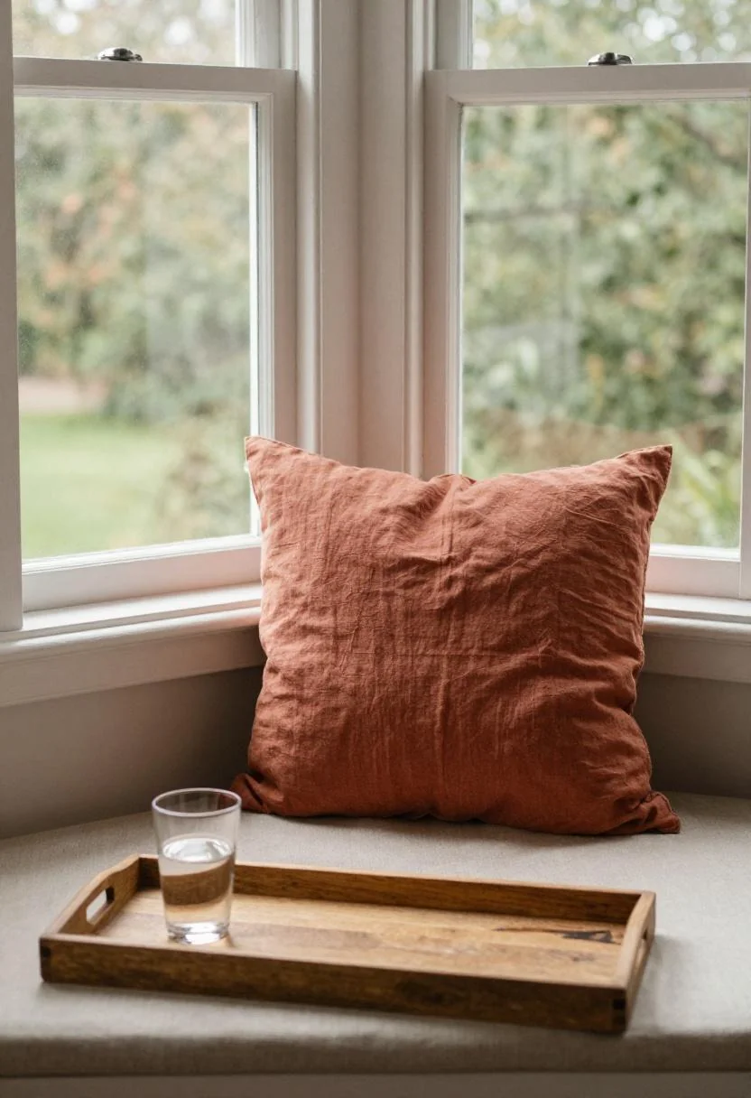 Built-in linen window seat with warm terracotta cushion and oak tray in bay window morning light