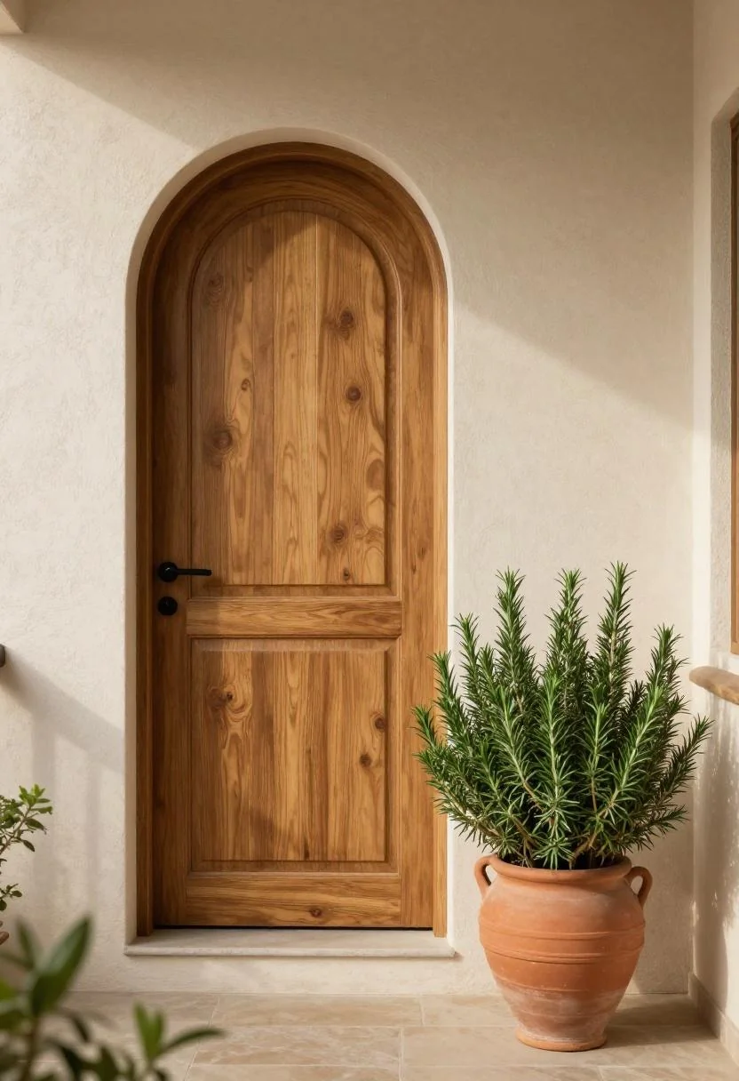 Warm terracotta amphora with trailing rosemary beside a wooden arched villa entry door