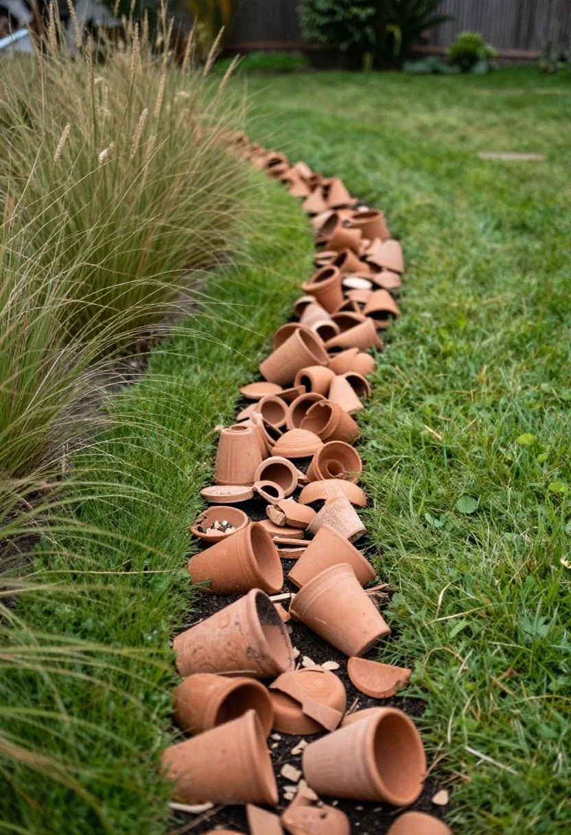 Terracotta shard edging lining a winding grass path in a naturalistic front garden