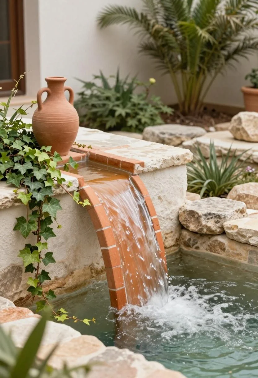 Terracotta spillway waterfall and clay amphora in a sun-drenched Mediterranean garden