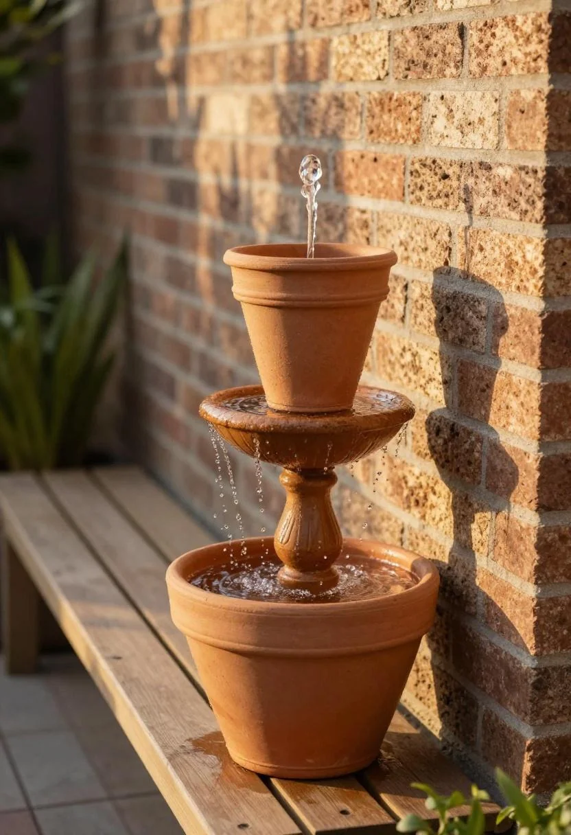 Two-tier terracotta pot fountain cascading beside a garden bench against a brick wall at golden hour
