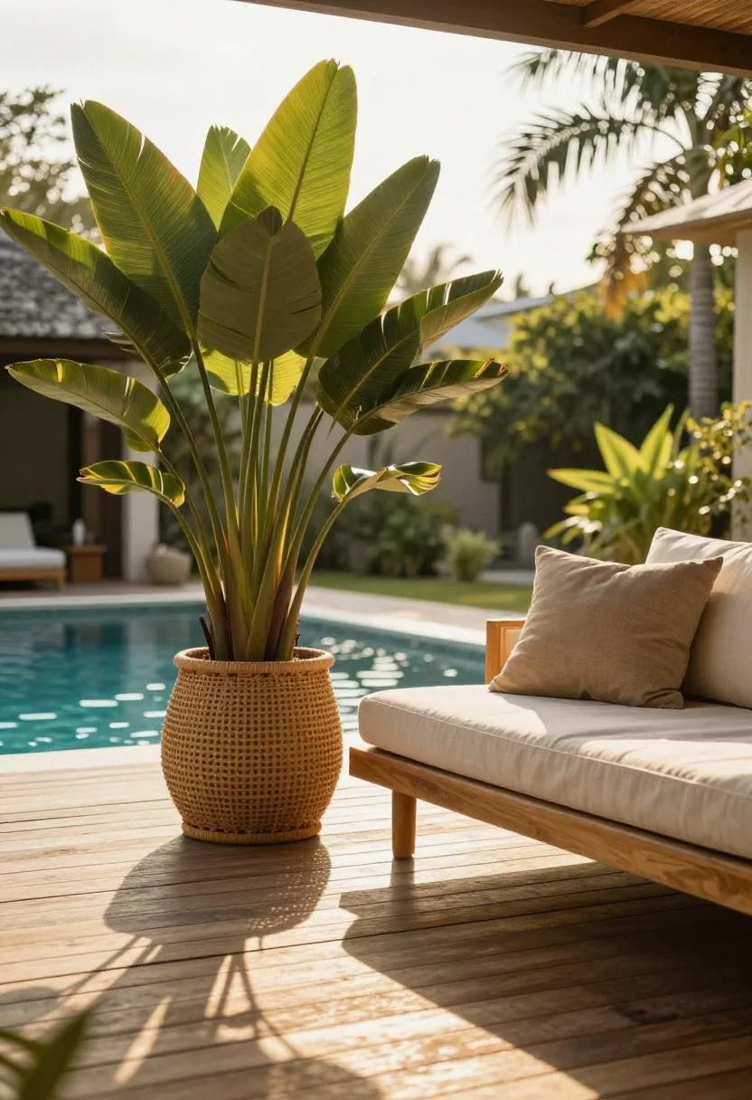 Rattan Bird of Paradise planter anchoring the left side of a teak lounger on a tropical deck at golden hour