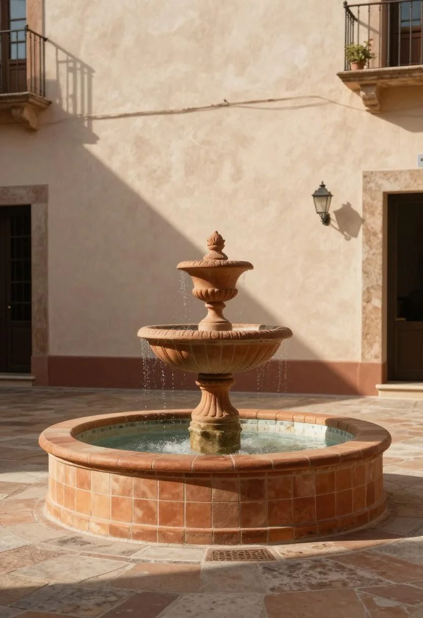 Mediterranean terracotta urn fountain with matching tiled basin set against a sun-warmed stucco wall