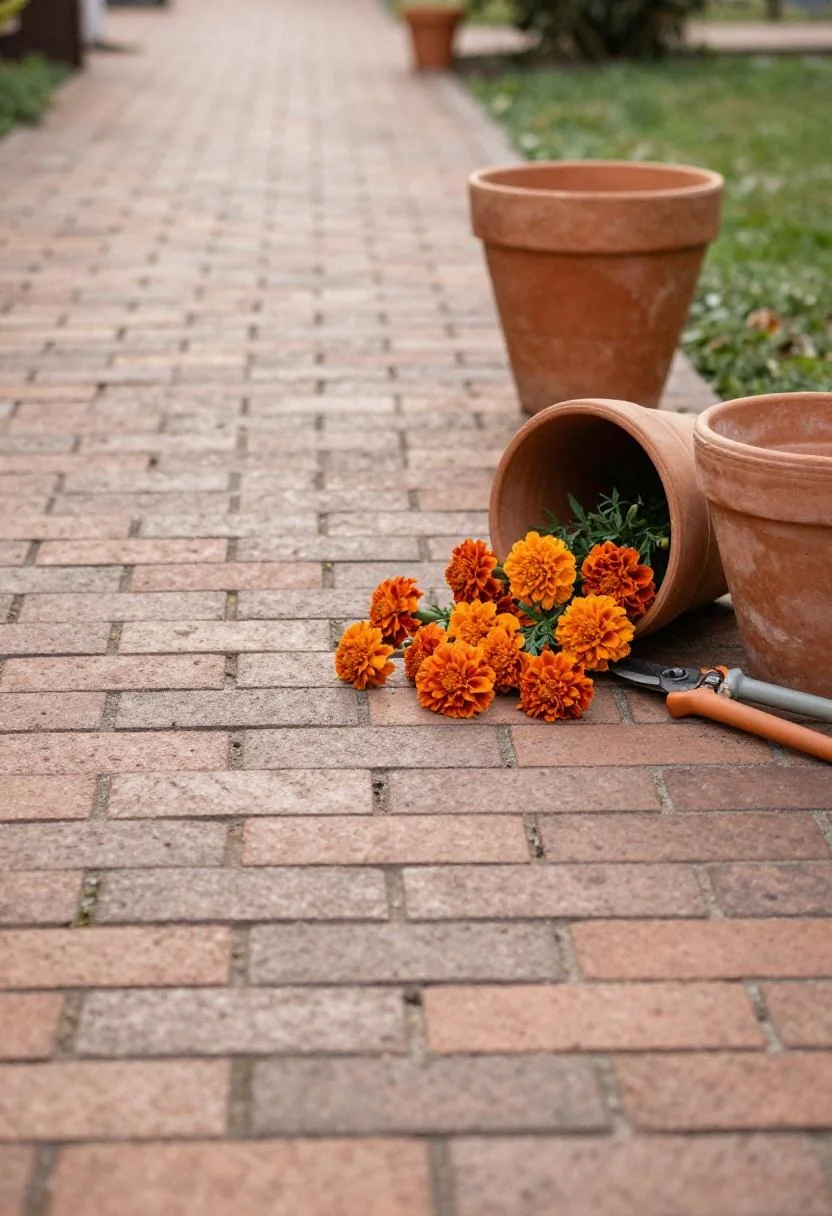 Terracotta cylinder planters with marigolds lining the edge of a brick garden path in afternoon sun