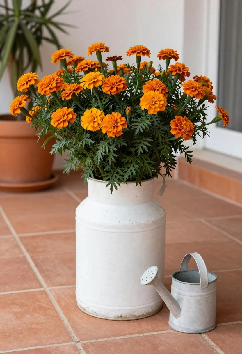 White milk can with terracotta marigolds on a Mediterranean tile patio