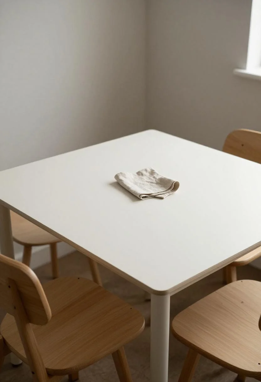 Cream white flip-top camper dining nook with birch stools and roof hatch light