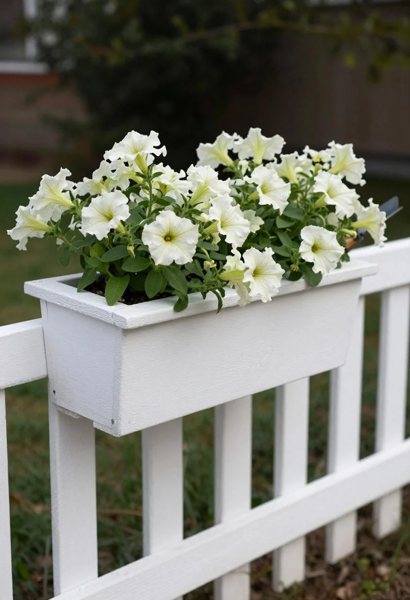 White wood fence planter overflowing with cream petunias and a trowel resting at the edge