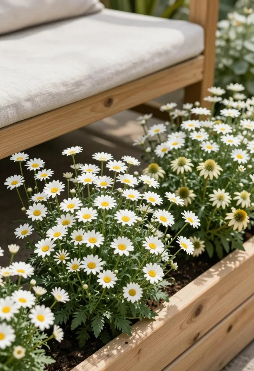 Cream shasta daisies and echinacea filling a raised cedar bed in full midday sun