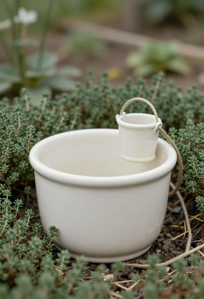 Cream porcelain fairy well centered in a raised cedar bed carpeted with thyme
