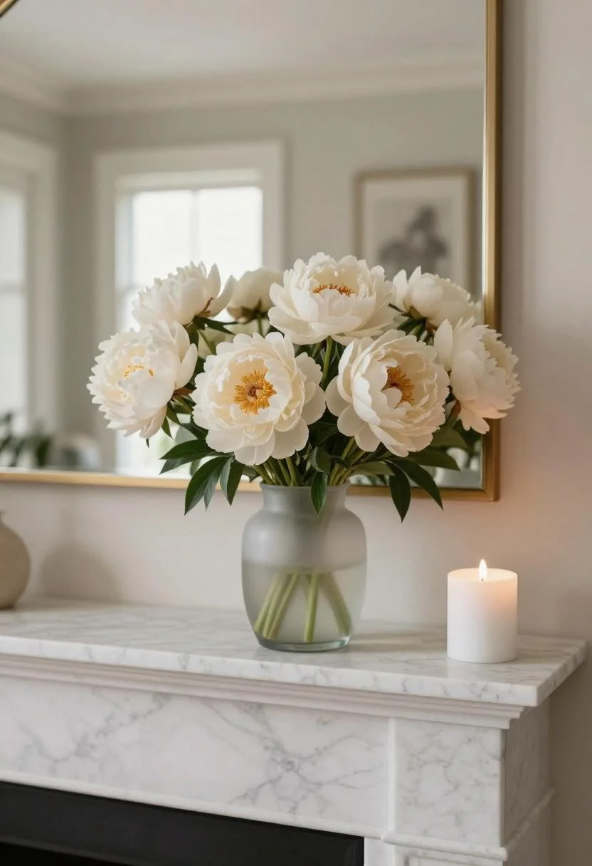 Cream white peonies in a frosted glass vase on a marble fireplace mantle with a single candle