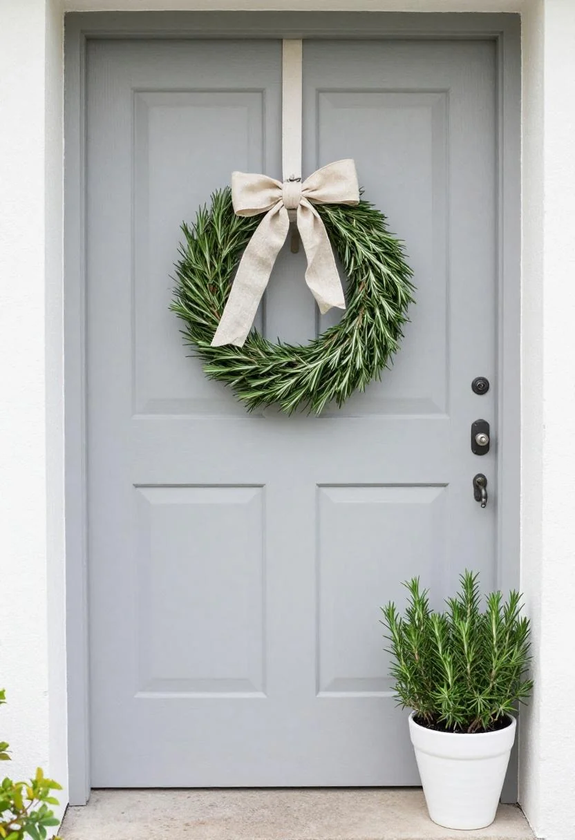 Cream linen wreath on a grey oak door with a white ceramic rosemary pot