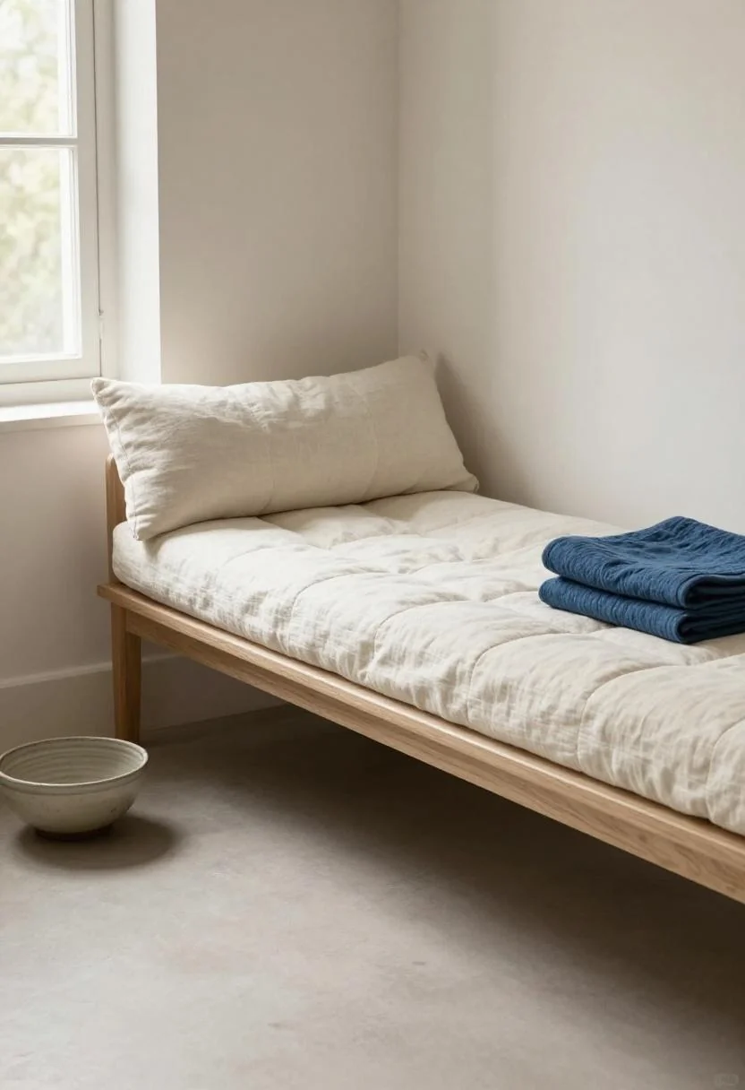 Cream white quilt and indigo throw on a linen window bench offer a serene July 4th bedroom accent
