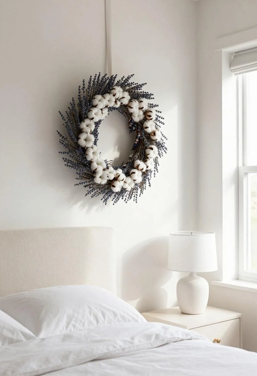 Cottagecore patriotic wreath hung on a kitchen window with a sage ceramic pitcher on the sill below