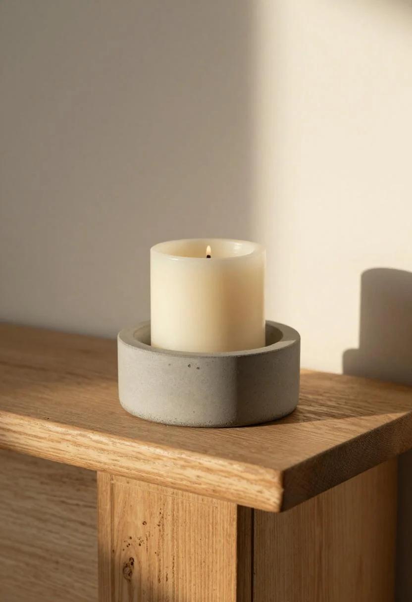 Cement candle holder with cream white pillar candle on a rustic wood mantle