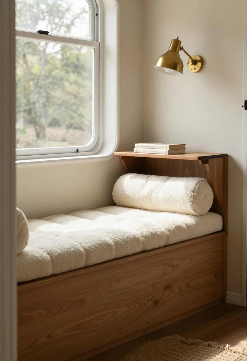 Built-in camper reading nook with cream boucle cushion and fold-out walnut shelf