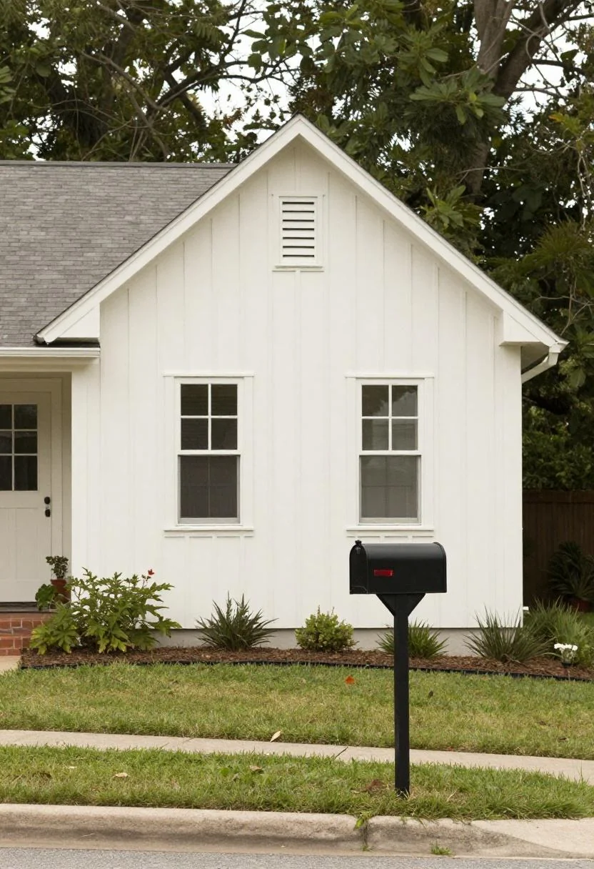 Cream white board-and-batten gable panel modernizing a ranch house exterior under soft overcast light