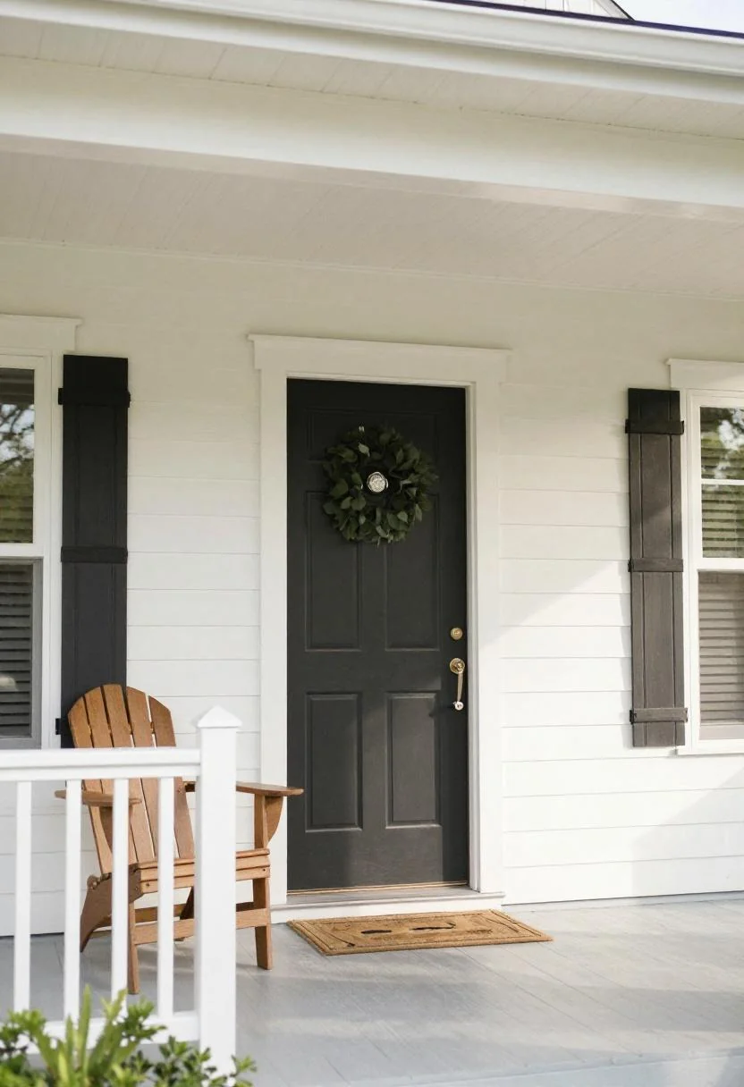 Cream white beadboard porch ceiling with walnut Adirondack chair at a Craftsman bungalow entry