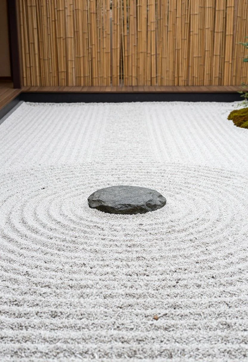Cream white raked gravel and granite stepping stone in a zen duplex side garden