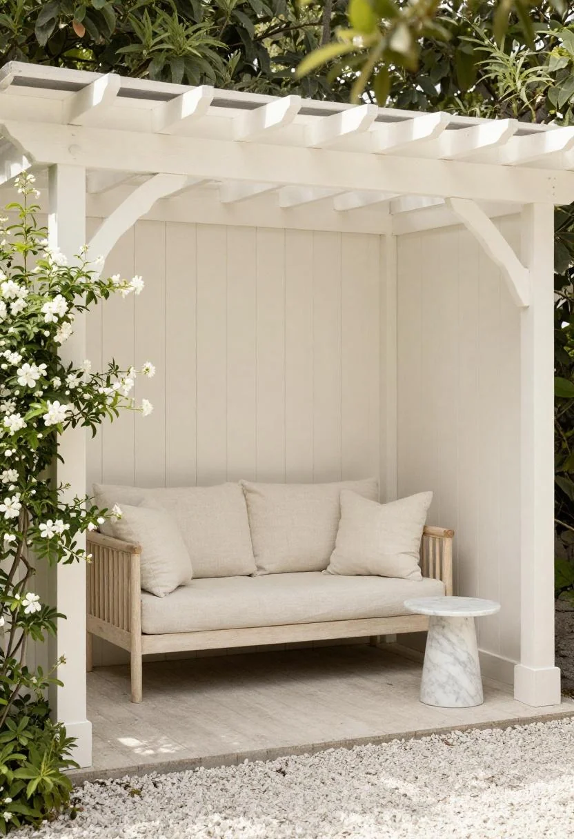 Teak loveseat under a cream white pergola draped with white jasmine in soft morning light