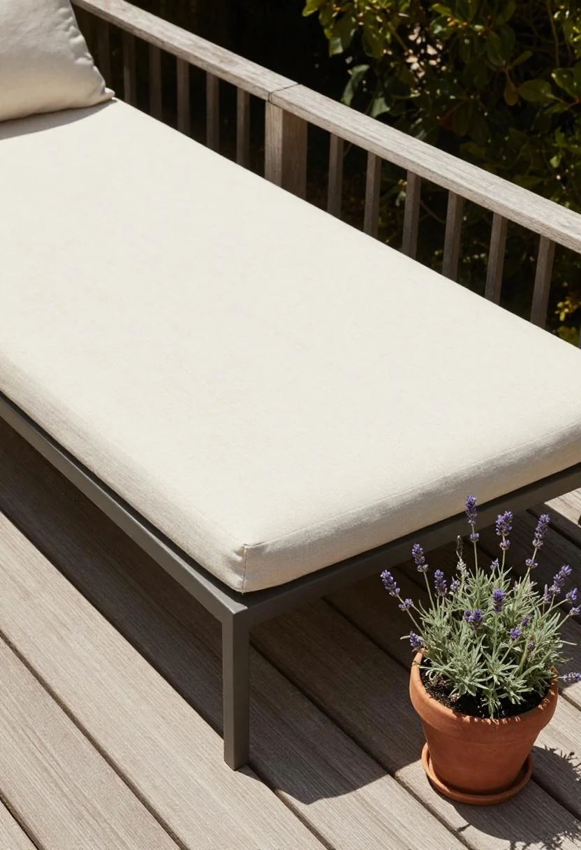 Cream linen daybed and lavender pot in a cedar barndominium deck corner