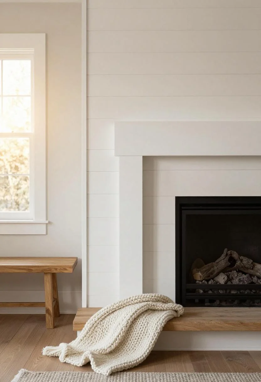 White shiplap fireplace with cream wool throw draped over a low oak bench in golden evening light