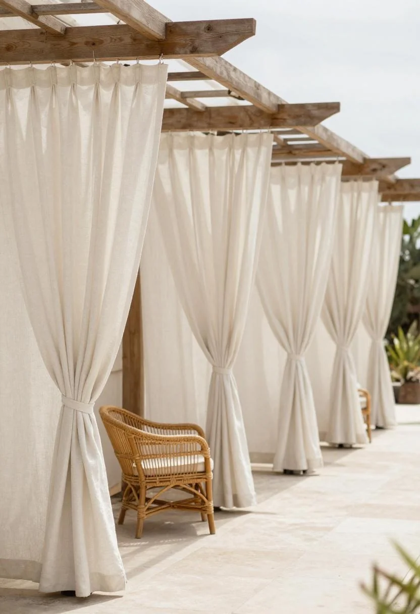 Cream white linen curtains and rattan armchair beneath a shaded pergola at midday