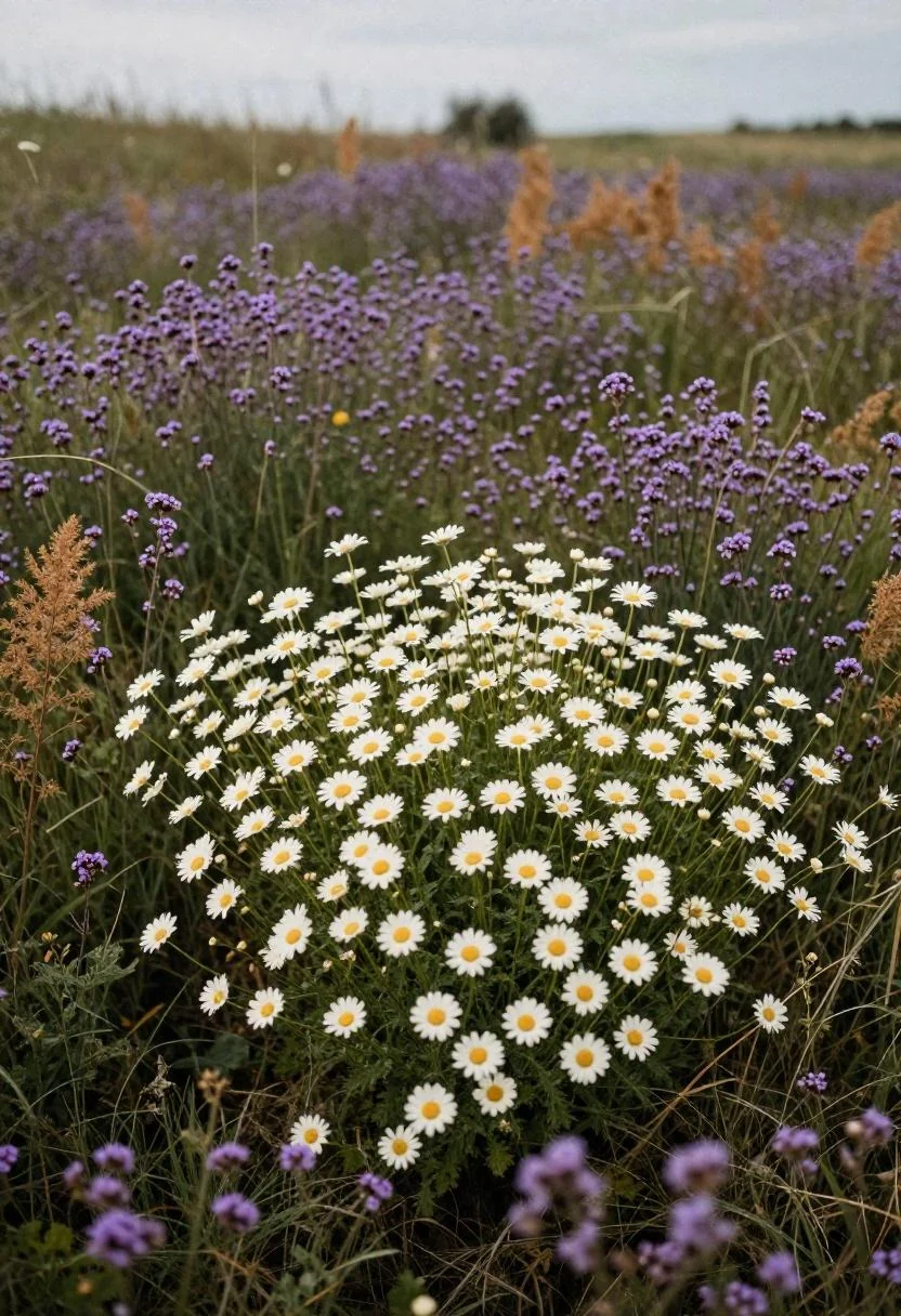 Cream ox-eye daisies scattered through a wild verbena and fennel meadow patch