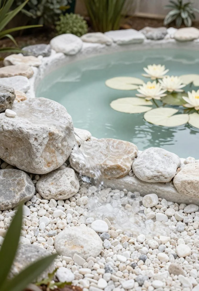 Quartz gravel waterfall stream leading to a pond with cream water lilies in overcast light